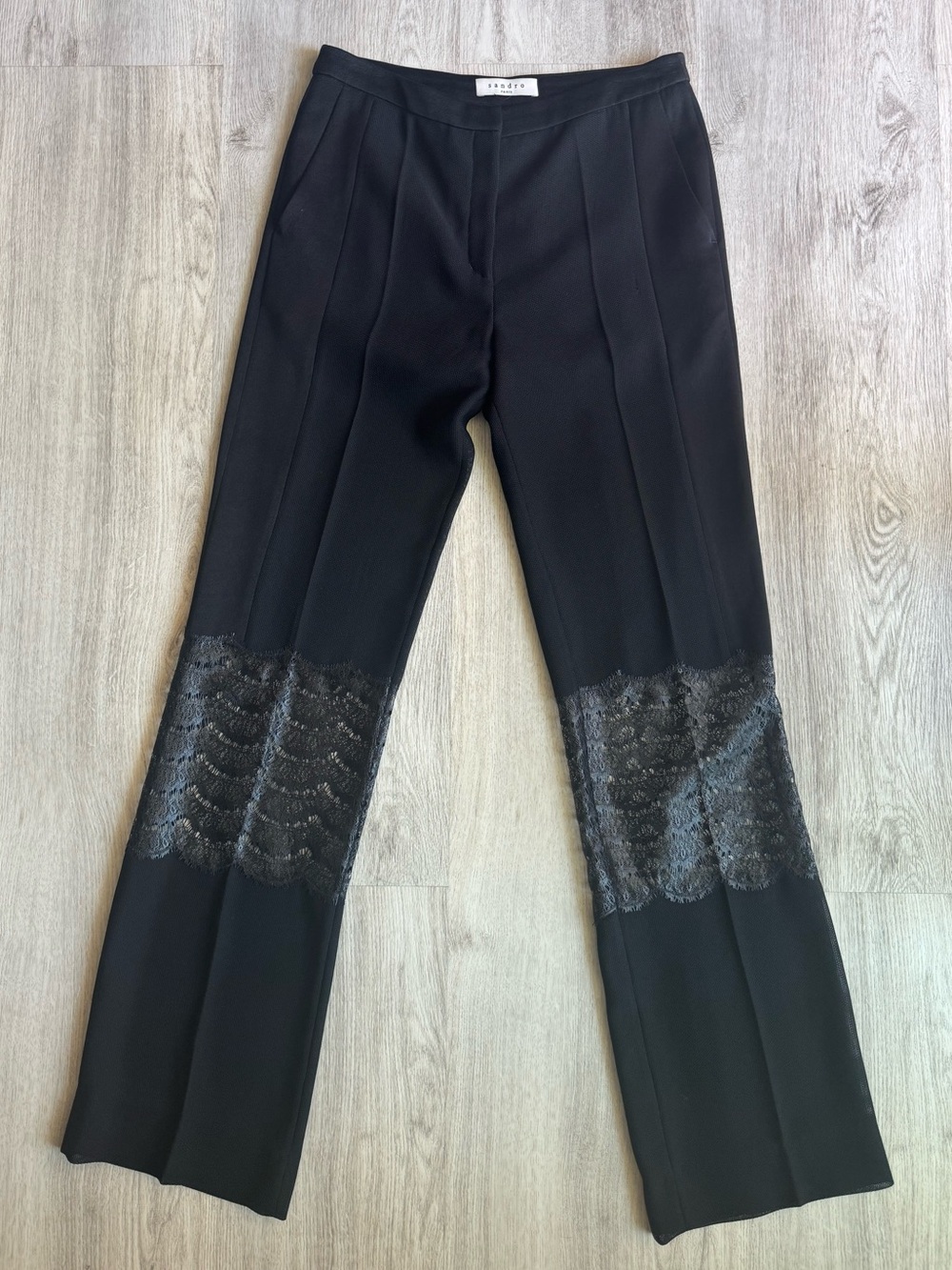 Sandro Paris Black Sheer Mesh Lace Panel Trousers Slacks w Built in Shorts XS-SM